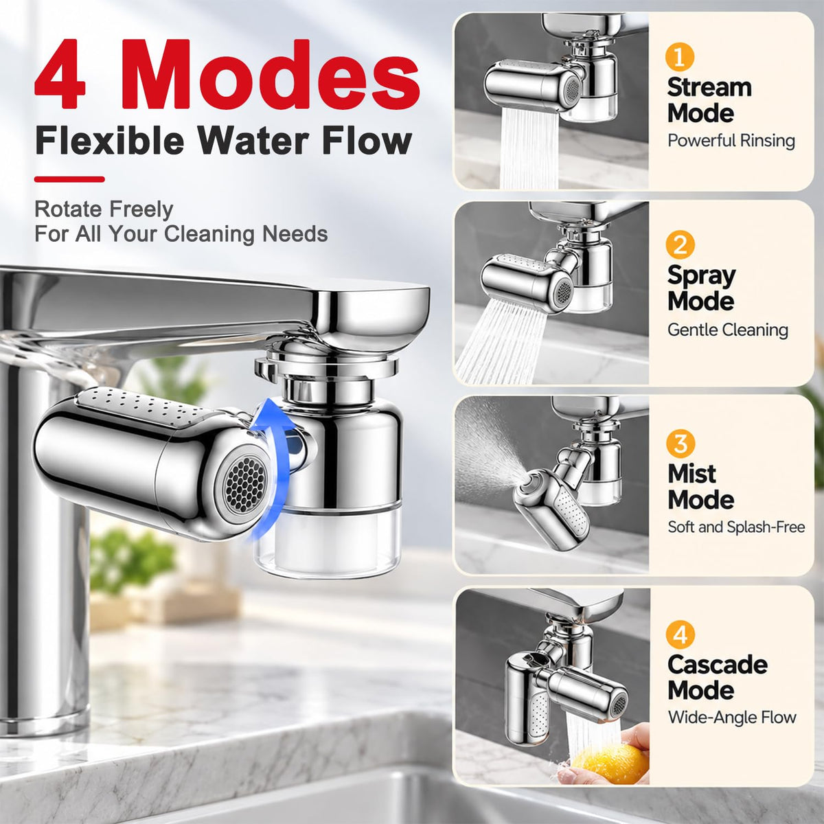 HASTHIP Four-Mode Faucet Water Filter with Chrome Silver Finish, Two Filters and 360° Rotation