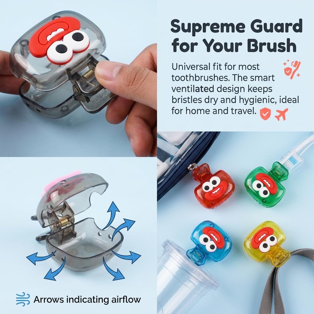 HASTHIP Cartoon Toothbrush Head Covers, 4-Pack Ventilated Clip-On Travel Protectors