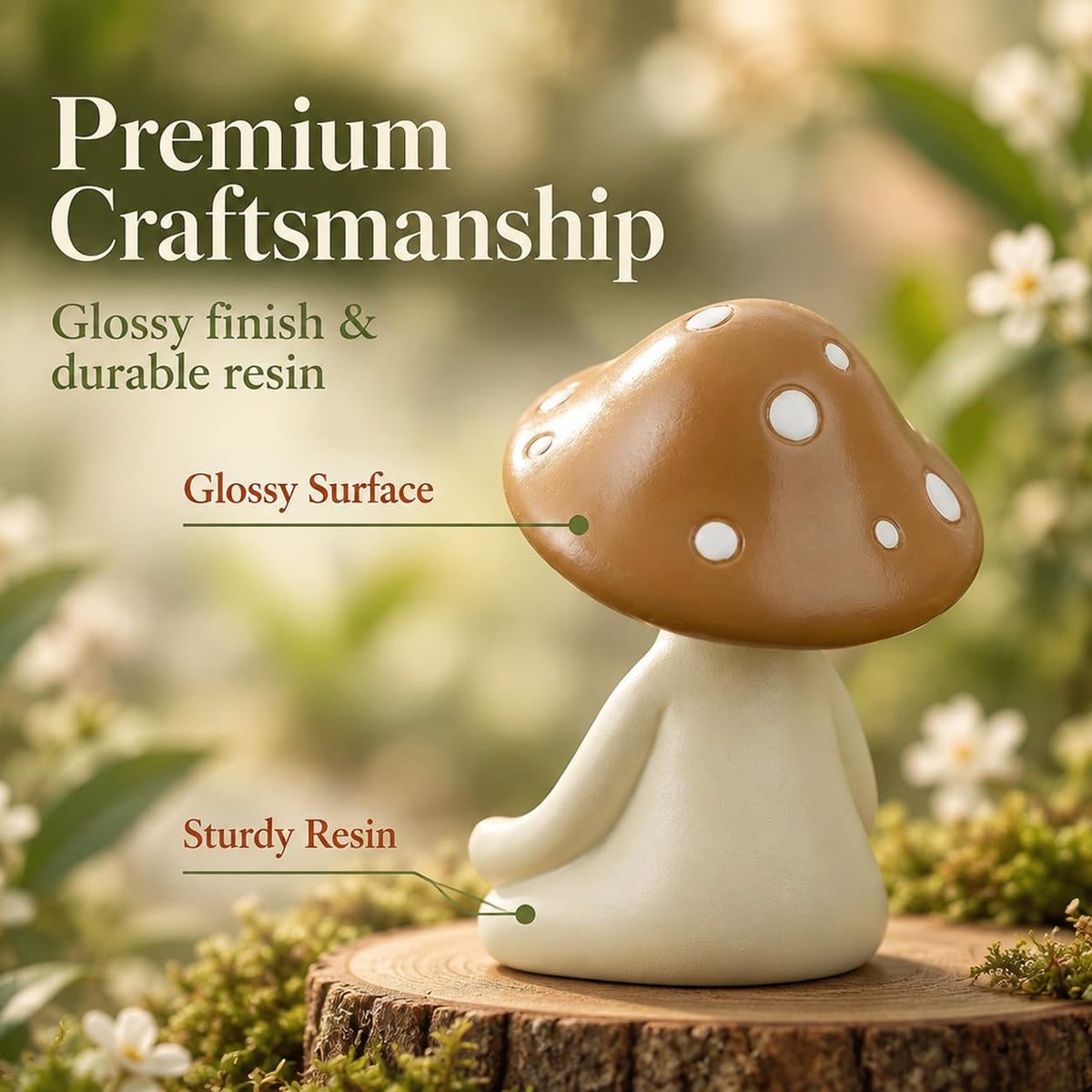 HASTHIP Meditation Mushroom Figurine in White Resin, Compact Yoga Pose Decor for Home and Terrariums