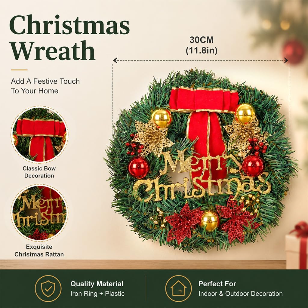 HASTHIP 30cm Artificial Christmas Wreath with Green Foliage and Stable Iron Ring, Tool-Free Hanging