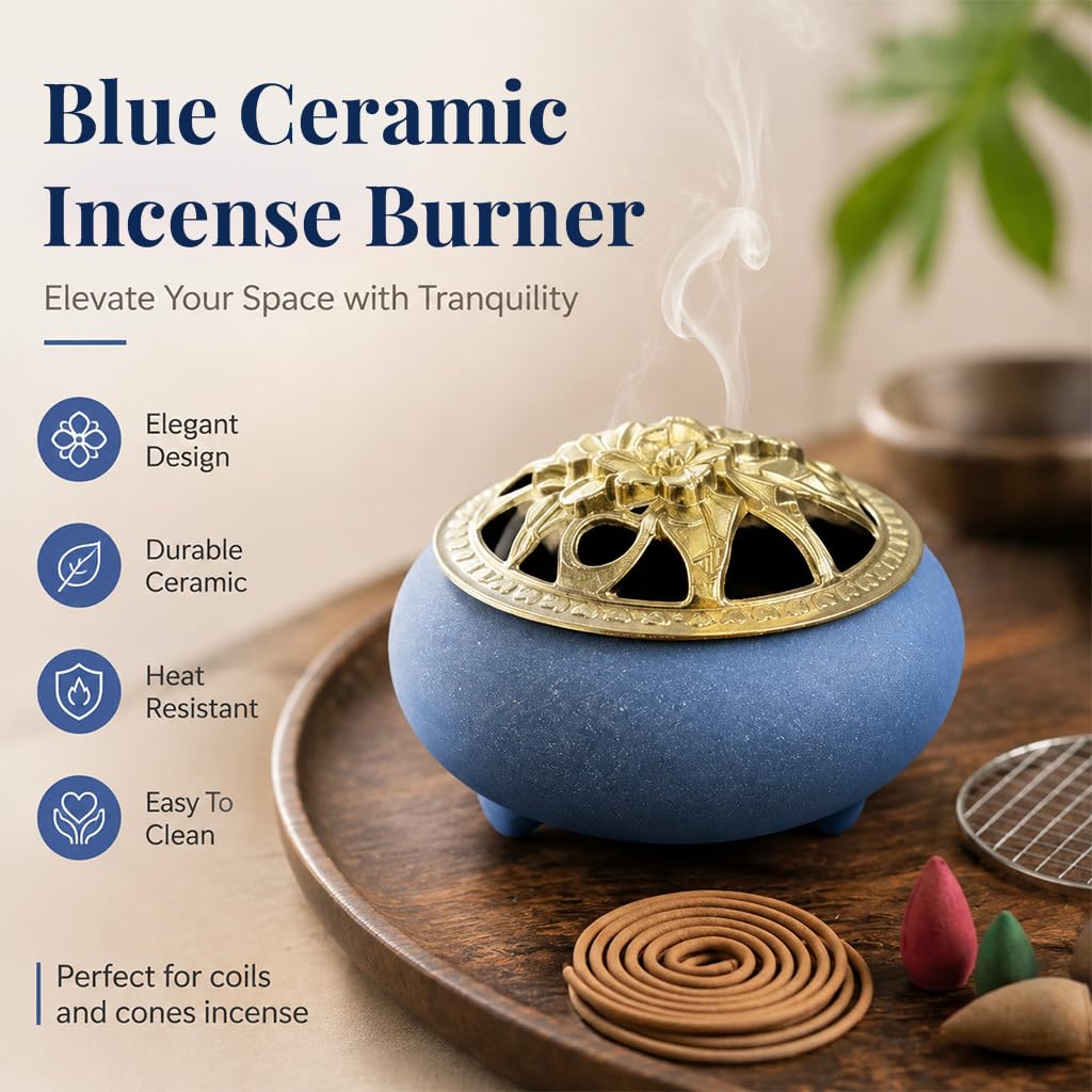HASTHIP Blue Ceramic Incense Burner with Floral Lid, Mesh Insert and Protective Pad