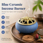 HASTHIP Blue Ceramic Incense Burner with Floral Lid, Mesh Insert and Protective Pad