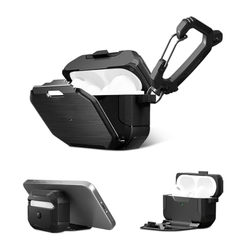 HASTHIP® AirPods Pro Case for 2nd/1st, AirPods Pro Locking Case, with Phone Stand and Shockproof Protection Wireless Charging Case, Rugged Locking Protective Case for AirPods Pro 2nd/1st(Black)