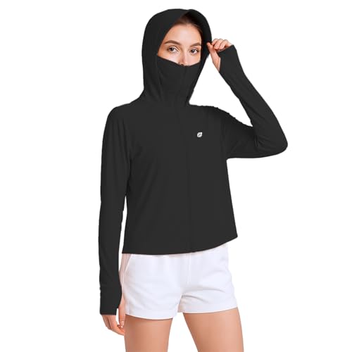 HASTHIP® Women's UPF 50+ Athletic Jacket Long Sleeve Lightweight Sunscreen Protective Clothing UV Sun Protection Full Zip Cooling Hoodie for Women for Outdoor Hiking, Black-2, L