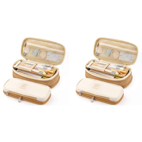 HASTHIP® Nylon Large Capacity Pencil Case Durable Storage Multiple Compartment Double Zipper Portable Pouch for College Student Teen 22X11Cm Khaki Black 2PCS