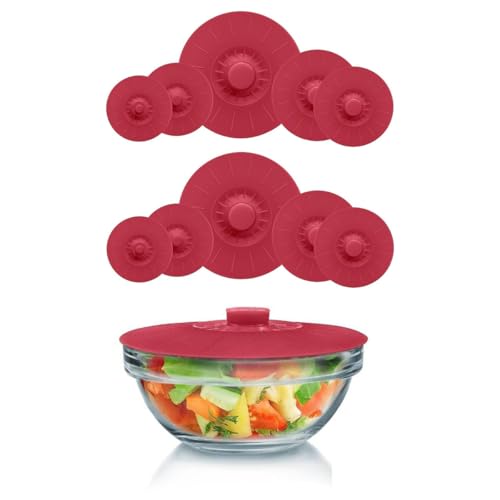 HASTHIP® 10Pcs Silicone Lids for Bowls 5 Sizes Reusable Microwave Safe, Food Grade Silicone Lid Cover Durable Heat Resistant Silicon Lids for Bowls, Pots, Pans, Dishes, Cans - Red & Blue