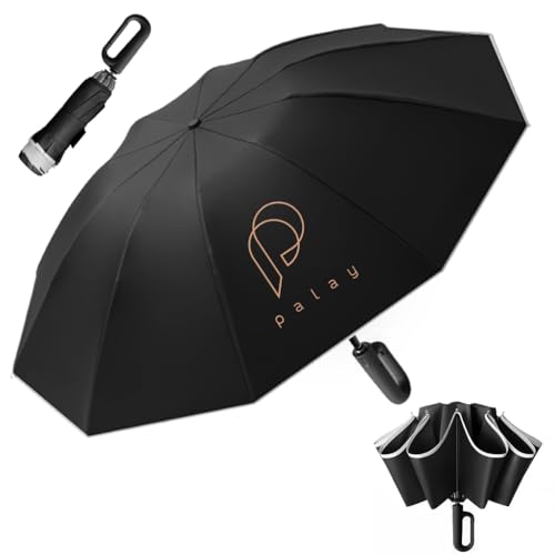 HASTHIP® Large Umbrella for Men Women with Reflective Strap,50'' Automatic Open/Close Windproof Travel Folding Umbrella,Reinforced 10 Dual Ribs 99 UV Protection with Carabiner Handle