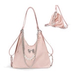 HASTHIP® PALAY Crescent Hobo Bag para Mujer,Bolsa de Hombro y Cruzada de Nailon,con Múltiples Bolsillos Bolso Casual Viaje Bolso Mano Convertible con Cadena y Lazo Rosa