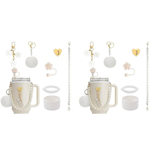 HASTHIP® For Stanley Cup Accessories Charm Kit Set 14PCS Sakura Silicone Straw Cap White Pearl Chain Handle Bottom Sleeve Cup NOT Included