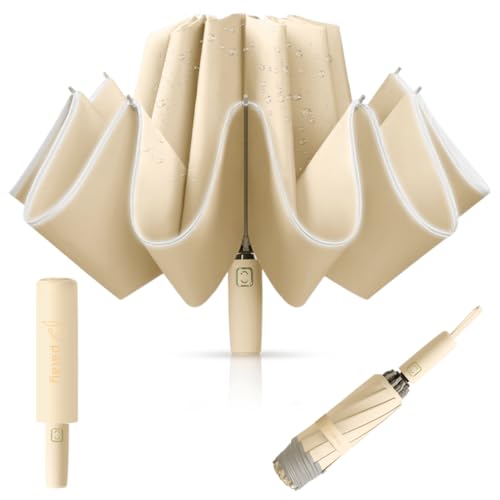 HASTHIP® 3 Fold Umbrella for Rain with Reflective Strip, Compact Travel Umbrella Auto One-Touch Open/Close, Reinforced 10 Dual Ribs, Sun Protection 99% UV & Rain & Windproof for Men Women (Khaki)