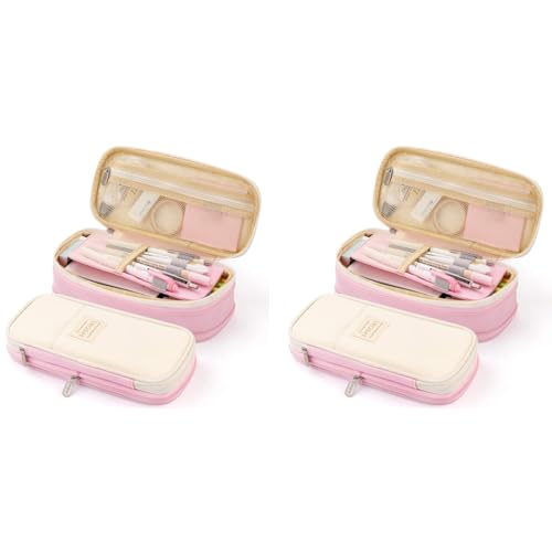 HASTHIP® Large Capacity Pencil Case Durable Storage Multiple Compartment Double Zipper Portable Pouch for College Student Teen 2PCS