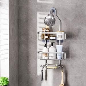 HASTHIP® Wall Shower Caddy 2-Tier No-Drill Adhesive Organizer, Rustproof Quick-Dry Bathroom Shelf with Hooks, Space-Saving Corner Storage and Soap Holder, Wall Mounted Shelves