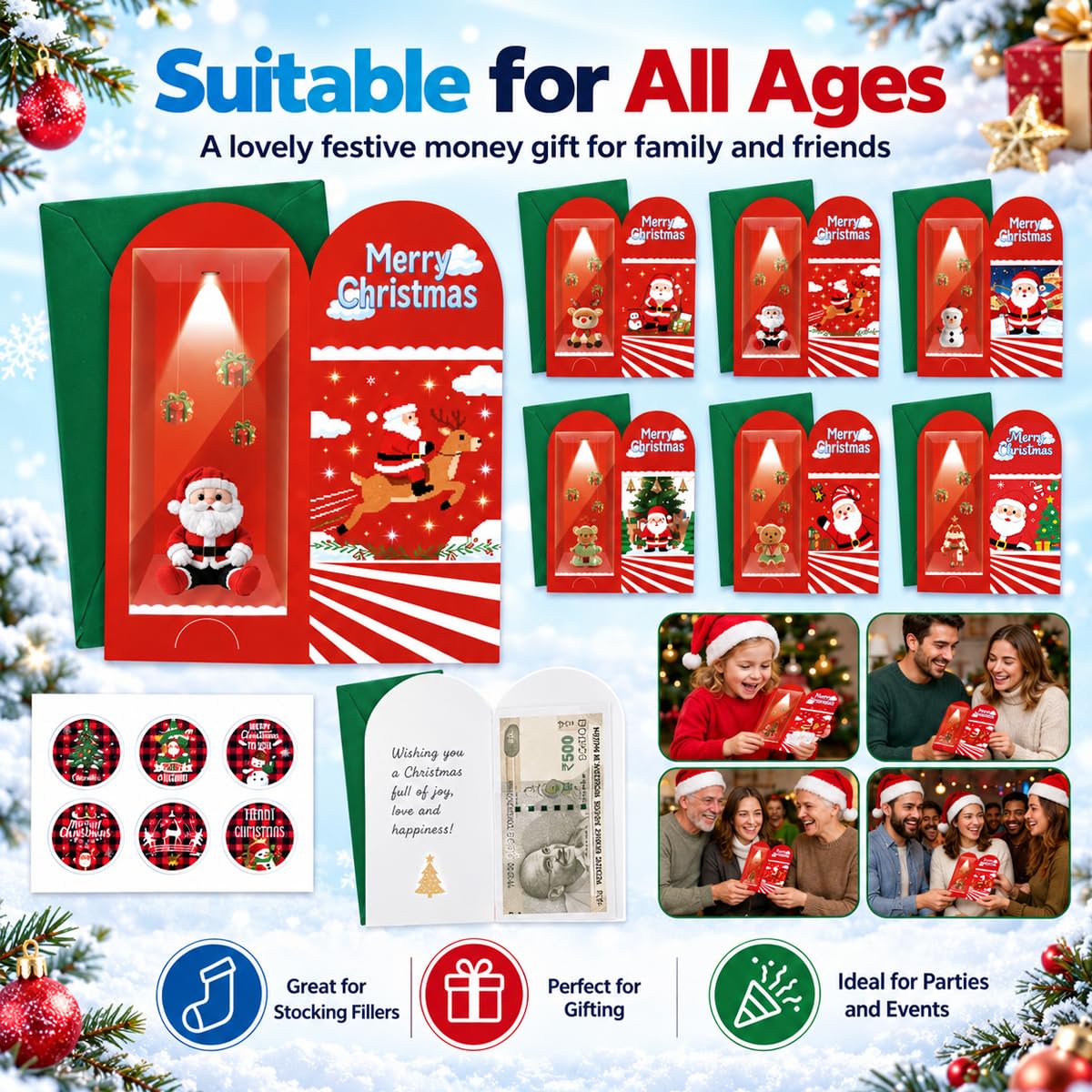 HASTHIP 13-Piece Christmas Money Wallet Set with 6 Designs, Envelopes and Stickers