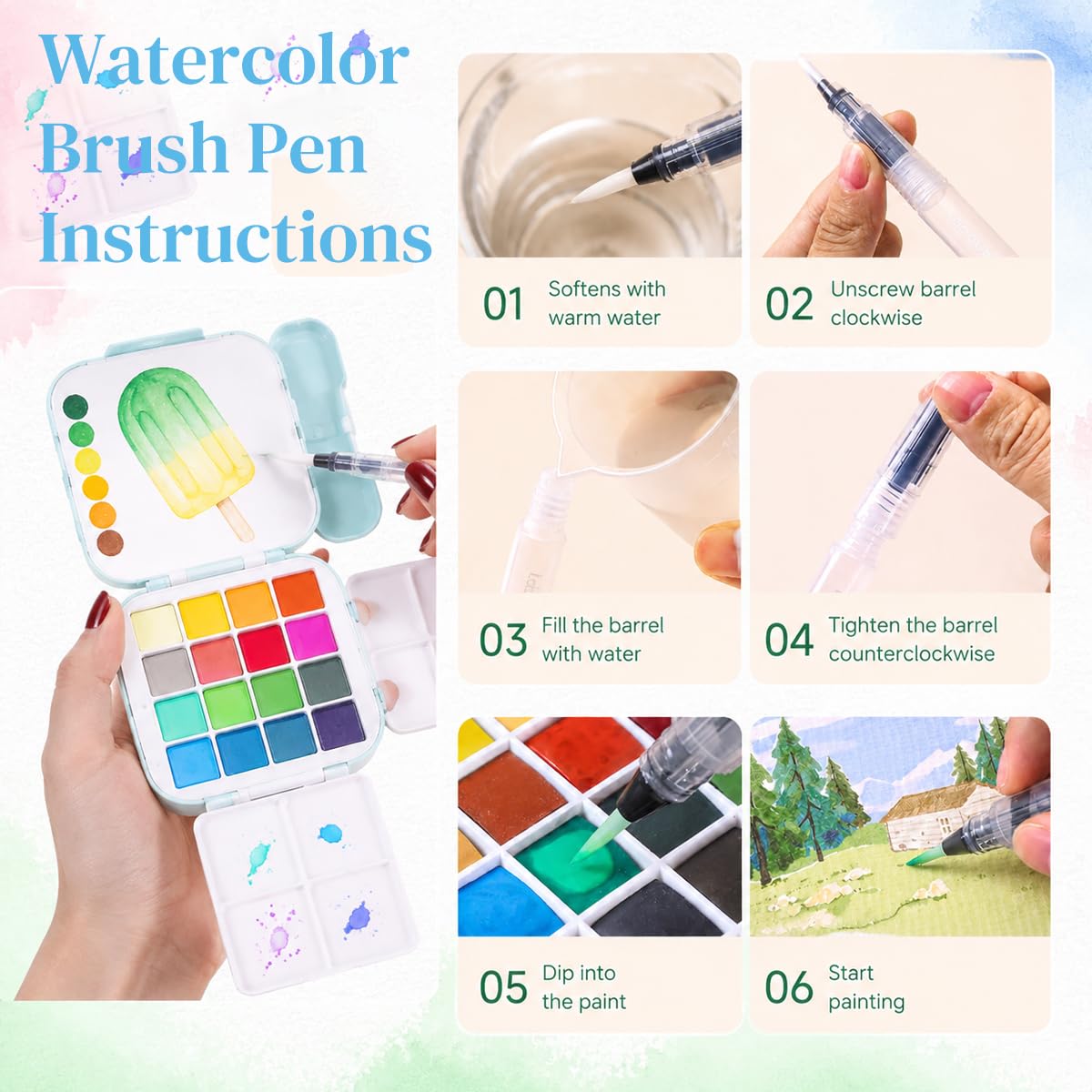 HASTHIP Mini Watercolor Paint Set, 16 Colors, Pocket Kit with 300GSM Cotton Paper and 4 Brushes