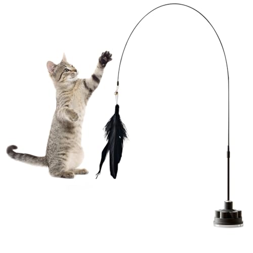 HASTHIP® Interactive Cat Toy Feather Teasing Toy, Flexible Teasing Wand Suction Cup Feathered Floor Teasing Wand Black Feather Teasing Toy