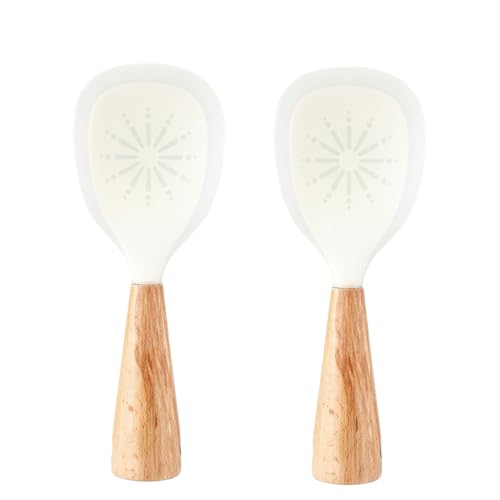 HASTHIP® 2Pcs Silicone Cooking Spoon Set, Nonstick Rice & Serving Spoons with Wooden Handle, Heat Resistant, Durable & Easy to Clean, Kitchen Utensils for Mashed Potatoes, Food Prep