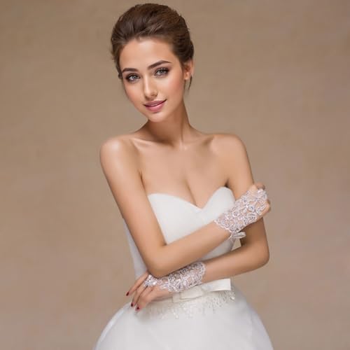 HASTHIP® Guantes de Encaje Blanco sin Dedos para Mujer - Guantes de Boda Elásticos Malla Elegantes para Novia,Damas Honor,Fiesta y Vestidos Formales