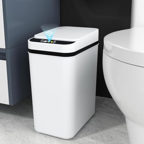 HASTHIP® Smart Touchless 12L Automatic Motion Sensor Trash Can with Lid, Bathroom Kitchen Garbage Bin, Hands-Free Rubbish Waste Basket, Soft Close, White
