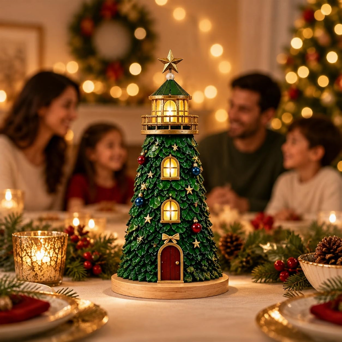HASTHIP DIY Mosaic Lighthouse Building Kit with Warm LED Light for Christmas Tabletop Decor