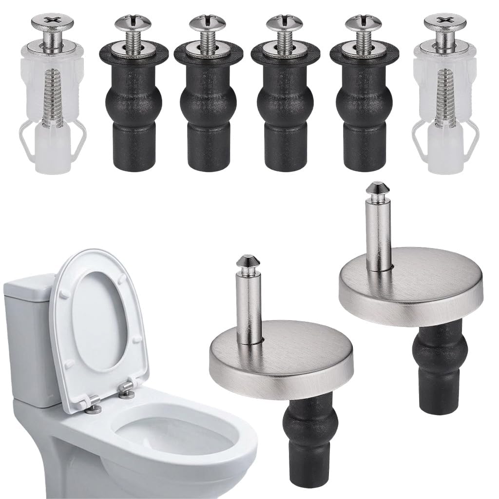 HASTHIP 6-Piece Toilet Seat Fixing Kit with Black Stainless Steel Hinges and Top-Fix Rubber Nuts
