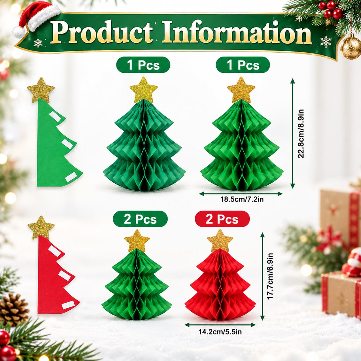HASTHIP 6-Piece Paper Christmas Tree Decorations with Honeycomb Design, Gold Stars and Two Sizes