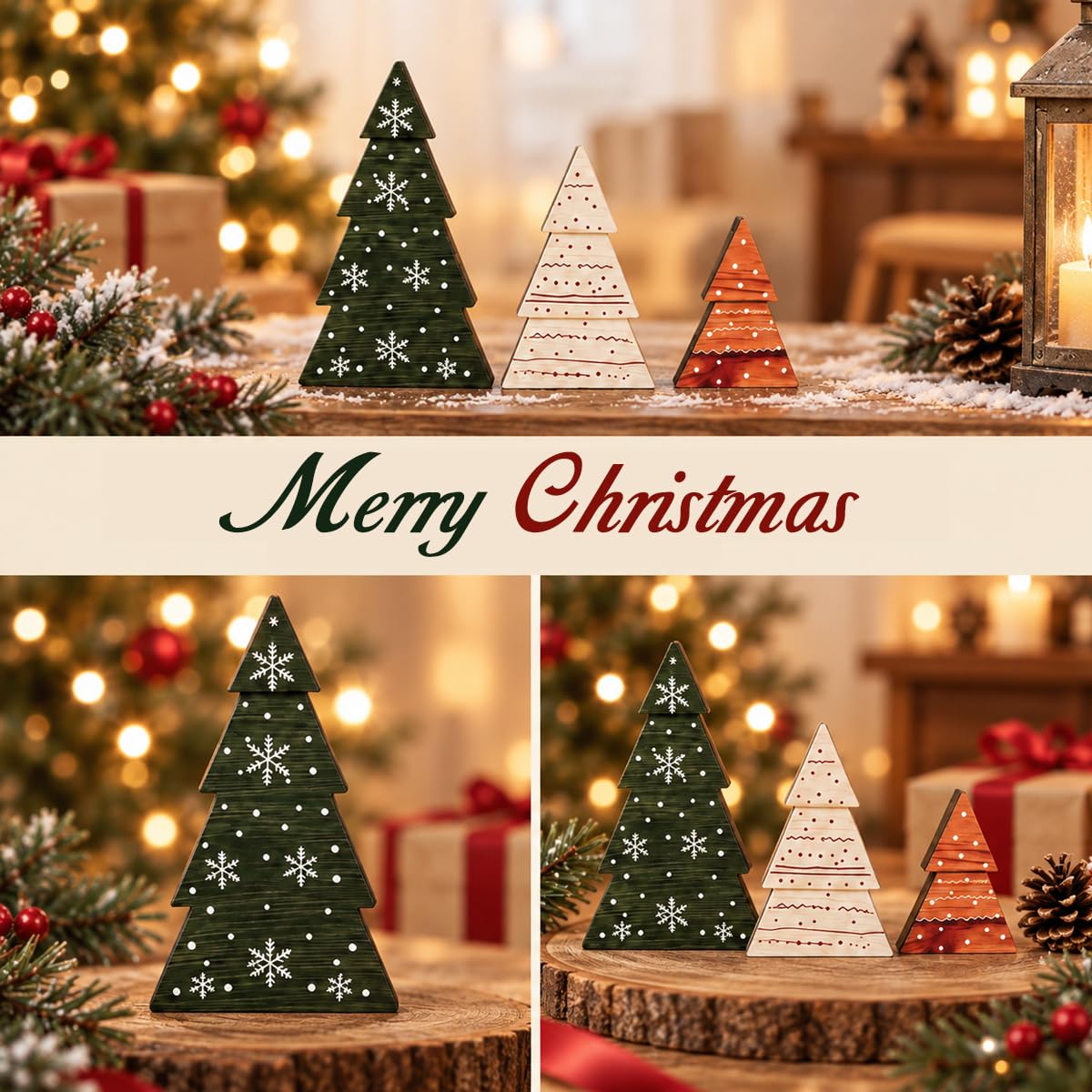 HASTHIP 3-Piece Green Boxwood Tabletop Christmas Tree Set with Vintage Distressed Finish
