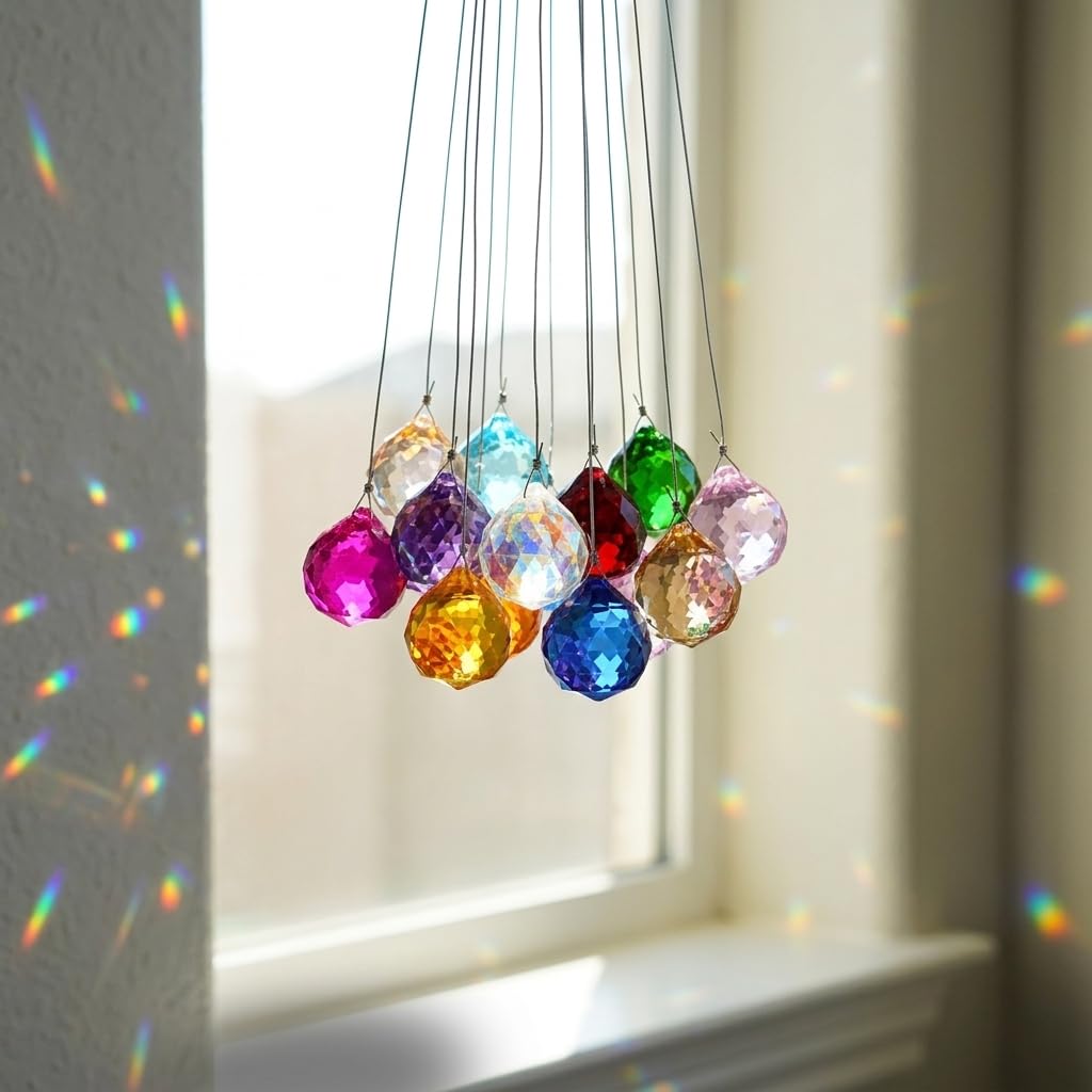 HASTHIP 12 Pcs 20mm Multicolor Crystal Ball Prism Suncatchers Steel Wire Rope And Ring
