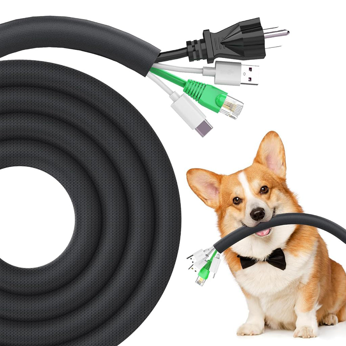 HASTHIP® 6.6ft Cable Protector Nylon Cord Protector Pet-proof Protective Cable Sleeve Reuseable Cuttable Nylon Power Cable Power Cord Guardfor Home, Office, 70mm Width, Hook and Loop Closure Design