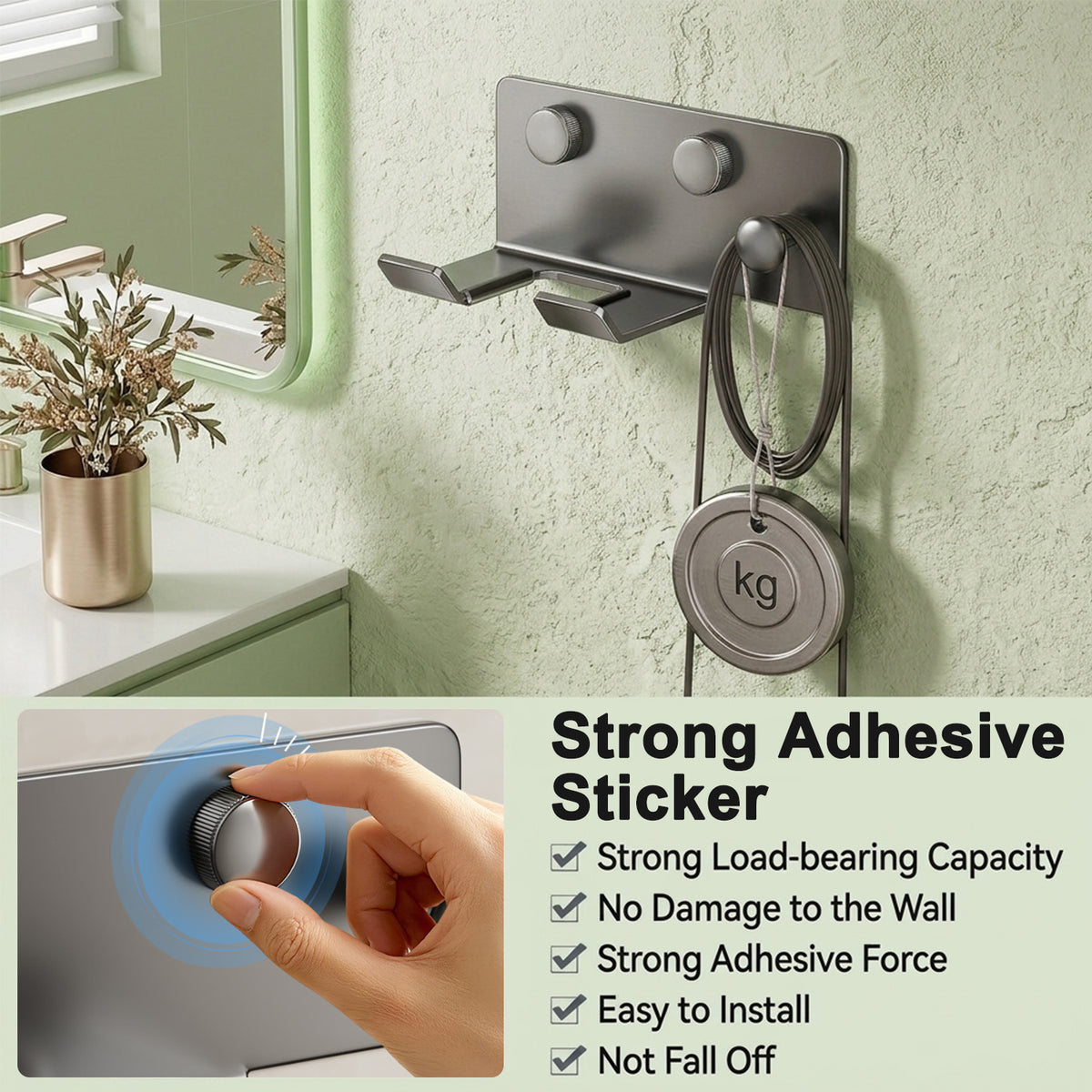 HASTHIP Wall-Mounted Hair Dryer Holder in Carbon Steel with U-Shaped Soft Rubber Support and Cord Hook