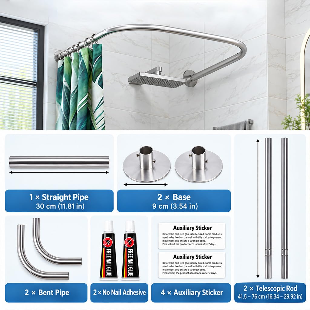 HASTHIP U-Shaped Shower Curtain Rod, 23,6 Pulgadas, Adjustable Stainless Steel in Silver