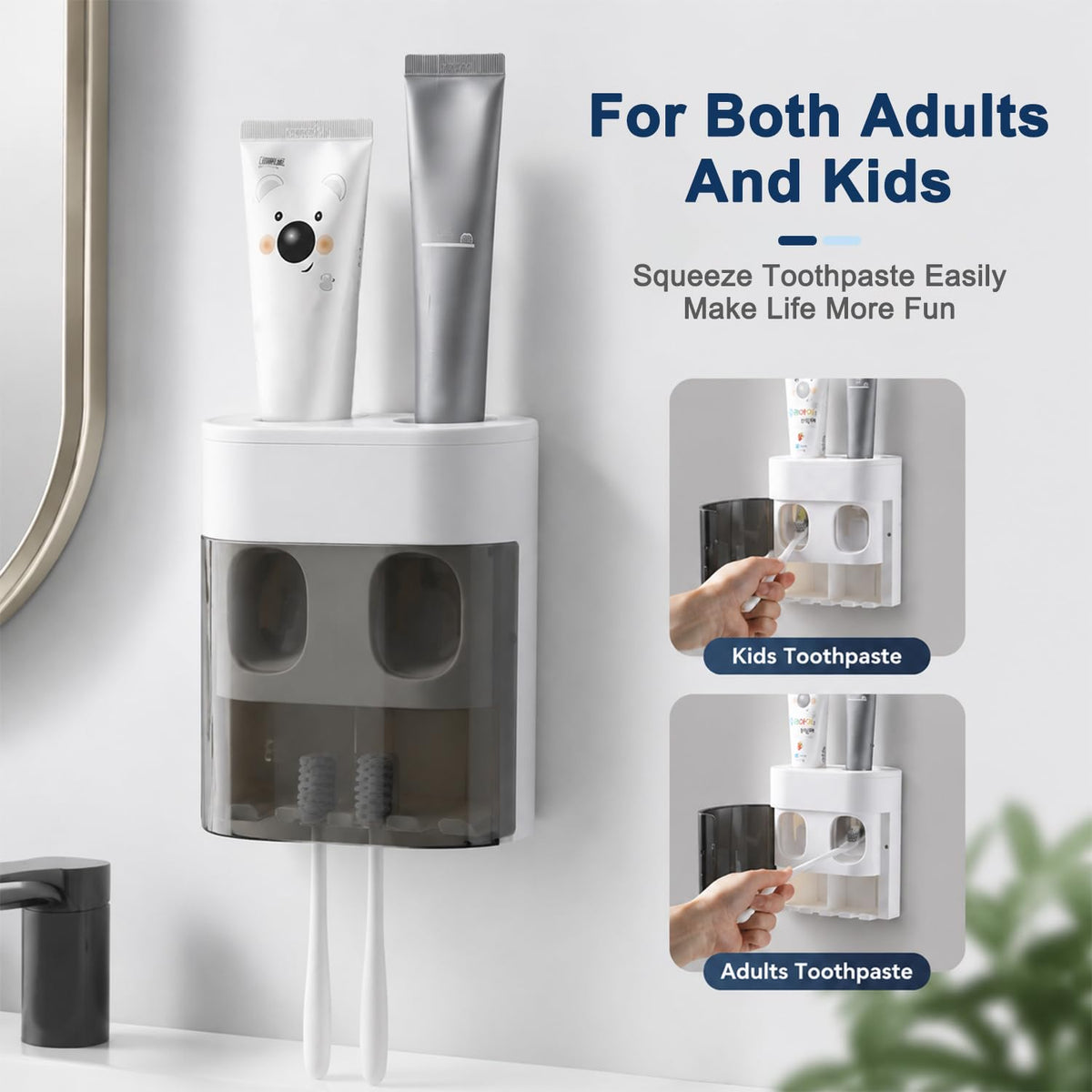 HASTHIP Wall Toothbrush Holder with 4 Slots and Toothpaste Dispenser Dust Proof Waterproof
