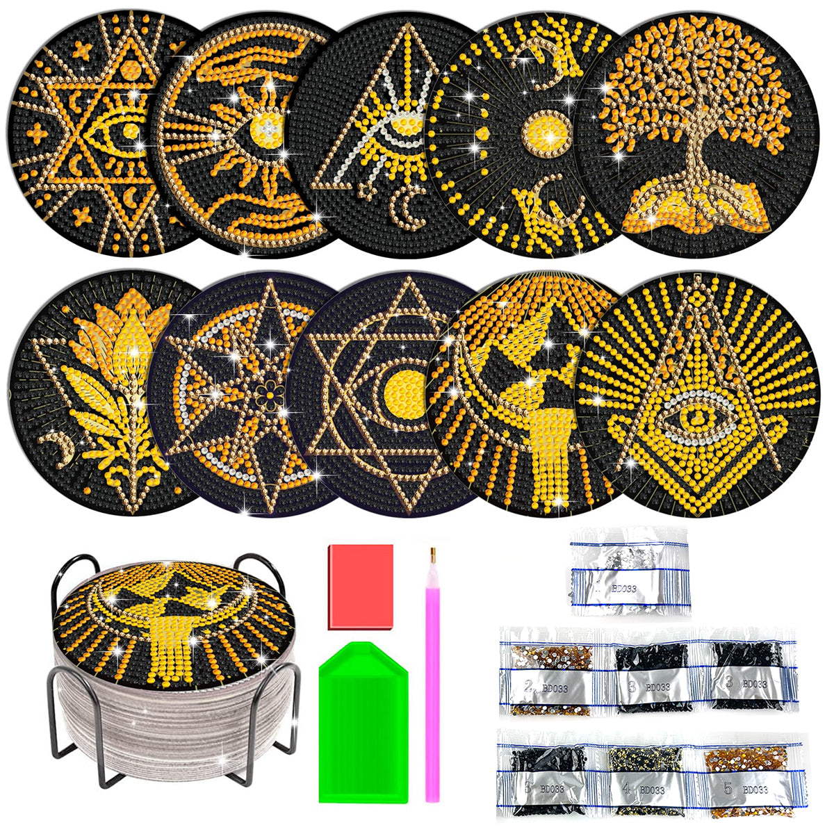 HASTHIP® 10Pcs DIY Diamond Painting Coasters Material Kit Creatvie Tarot Coasters set with Holder, Beginners DIY Diamond Art Kit with Accessories and Tools Diamond Painting Art Home Gift