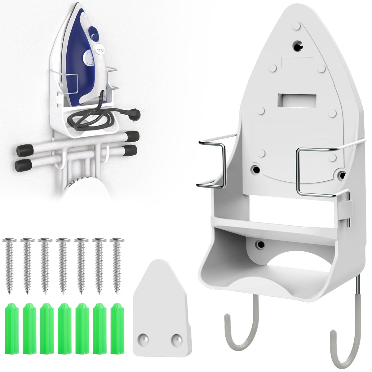 HASTHIP® Iron Board Hanger, Wall Mount Electric Iron Holder Iron and Ironing Board Storage Organizer Shelf with Removable Hooks for Household Bathroom Laundry Room