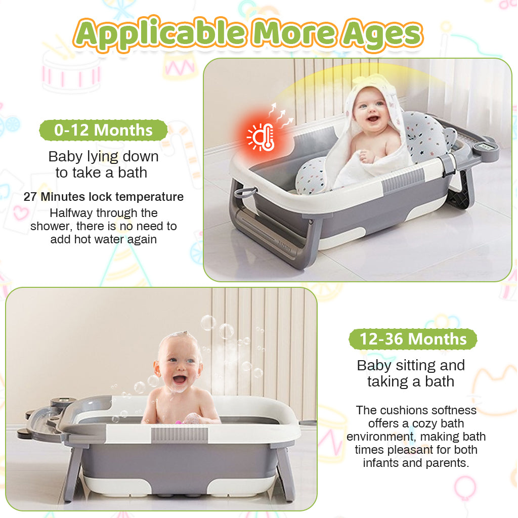 HASTHIP® Baby Bath Tub Foldable Bathtub, Collapsible Toddler Bath Tubs with Baths Support Cushion Pad Seat Mat, Anti-Slip Portable Travel Shower
