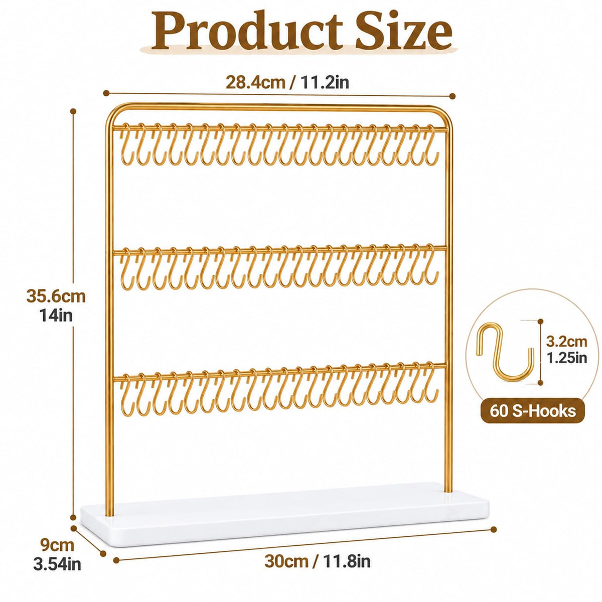 HASTHIP 60-Hook Bracelet Holder Display Stand with Solid Wood Base and Tiered Metal Frame