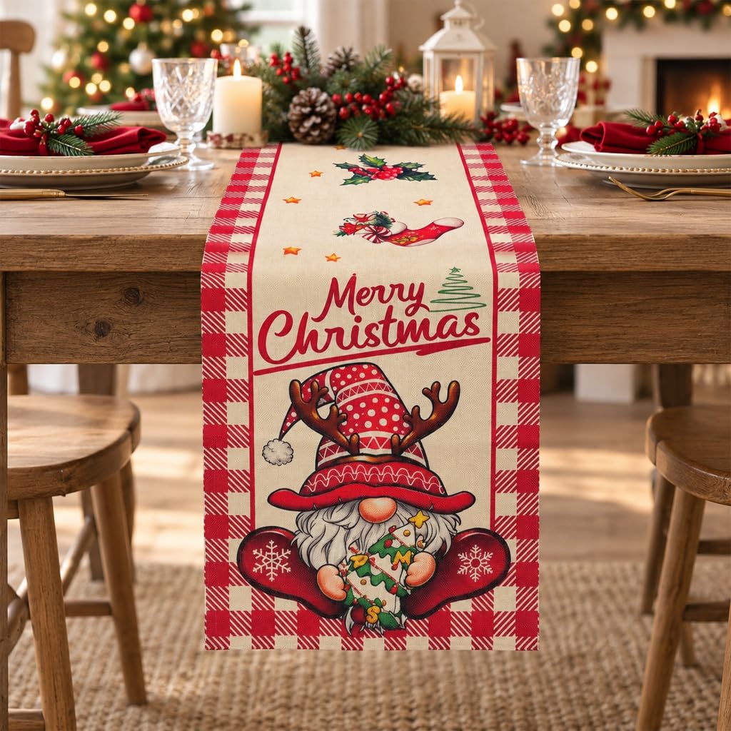 HASTHIP Plaid Snowflakes Christmas Table Runner in Linen Fabric for 4 to 6 Person Tables