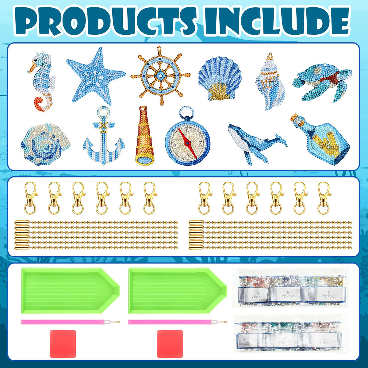 HASTHIP 12-Piece 5D Diamond Painting Keychain Kit with Acrylic Bases and Ocean Designs