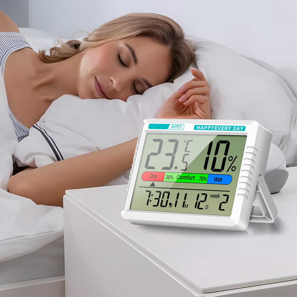 HASTHIP® Thermo-Hygrometer Alarm Clock with Snooze Modes, Date & Week Display, LCD Thermo-Hygrometer Wall Desktop Digital Thermometer with Temperature and Humidity Monitor (Battery Not Included)