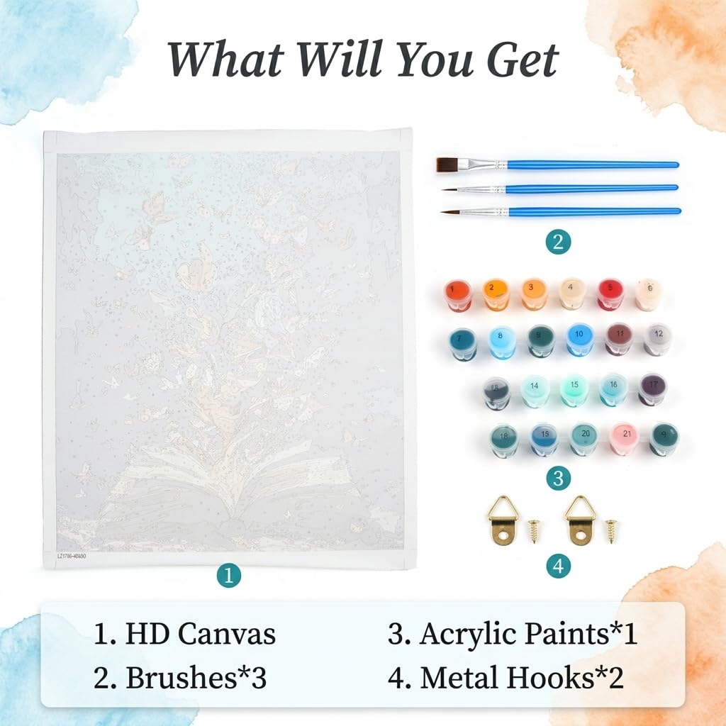 HASTHIP Paint by Numbers Kit with Preprinted Linen Canvas, Numbered Acrylic Paints and Three Brushes