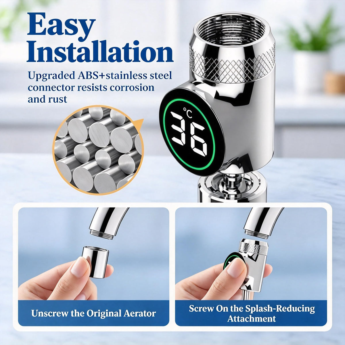 HASTHIP Smart Digital Display Faucet Extender with Two Spray Modes and Stainless Steel Construction