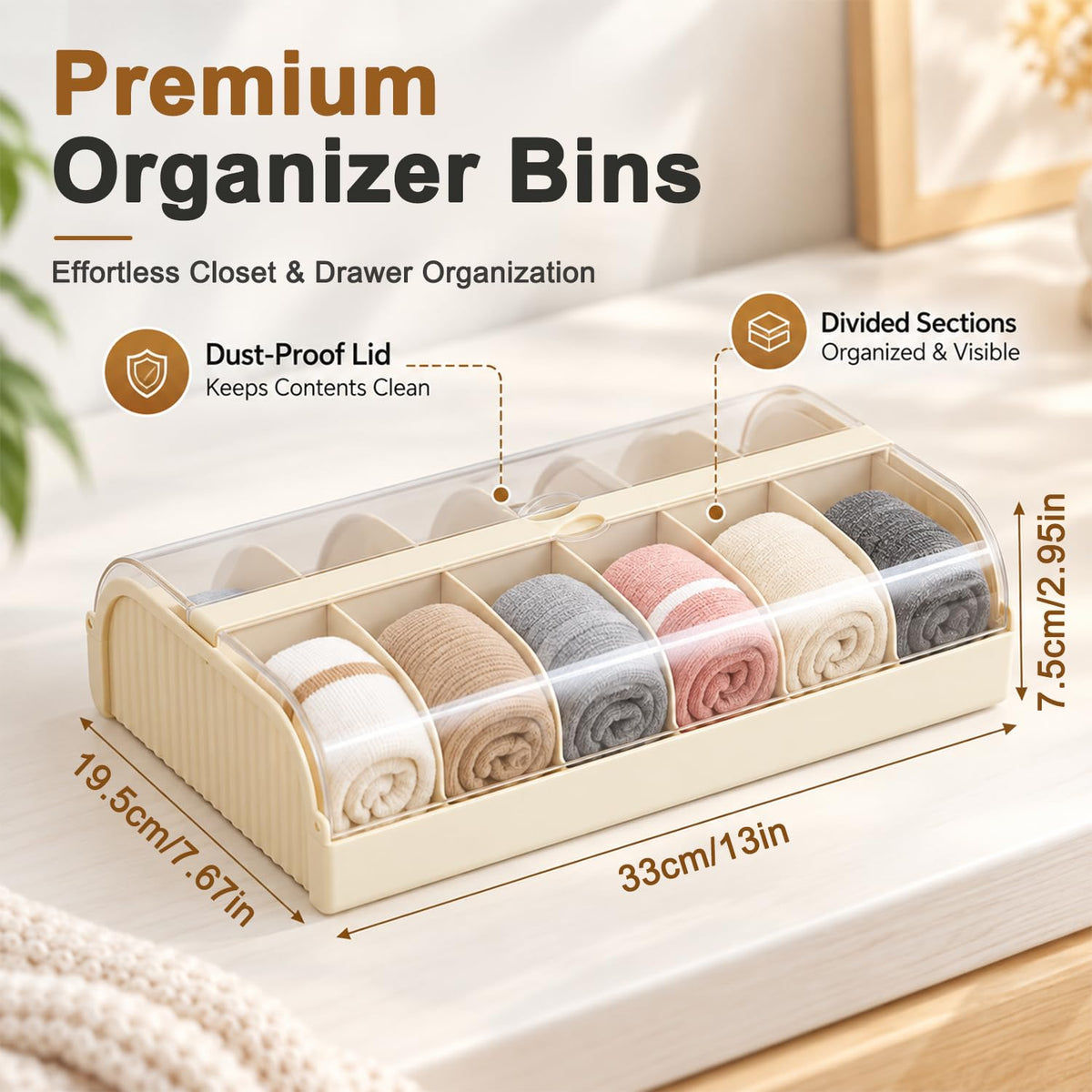 HASTHIP 12-Cell PET Plastic Storage Organizer, Milky White with Clear Lid, Stackable for Socks and Underwear