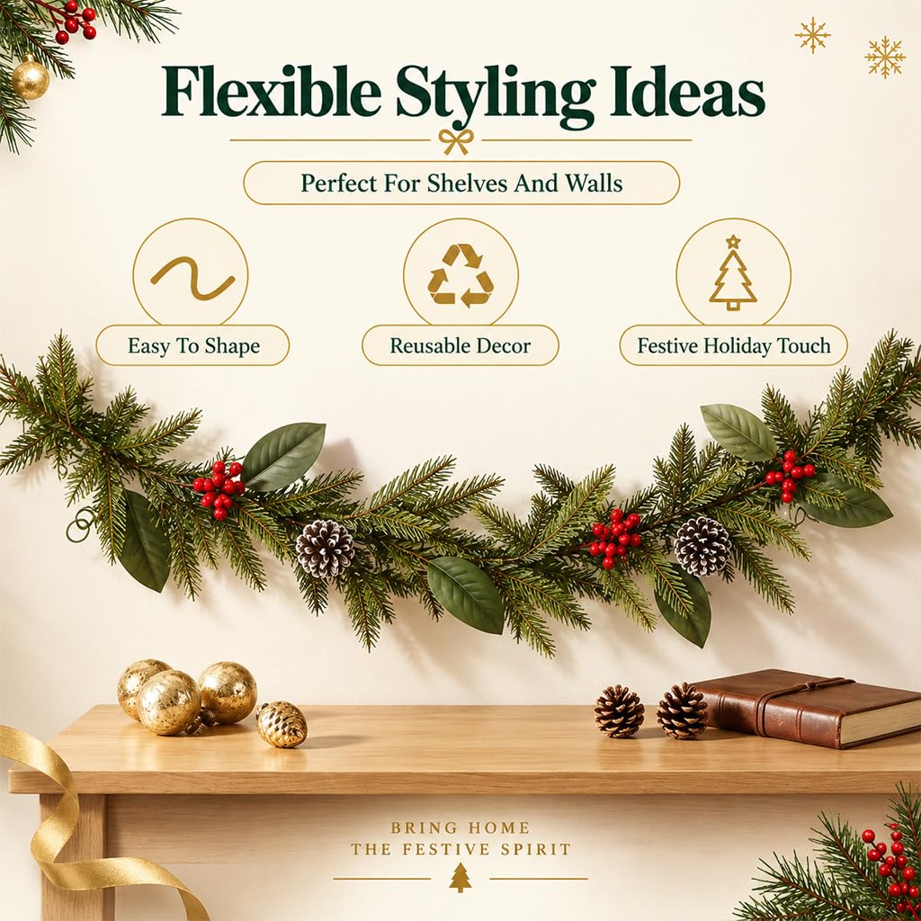 HASTHIP 3.2-Foot Artificial Christmas Garland with Red Berries, Pinecones and Bendable Wire Stem