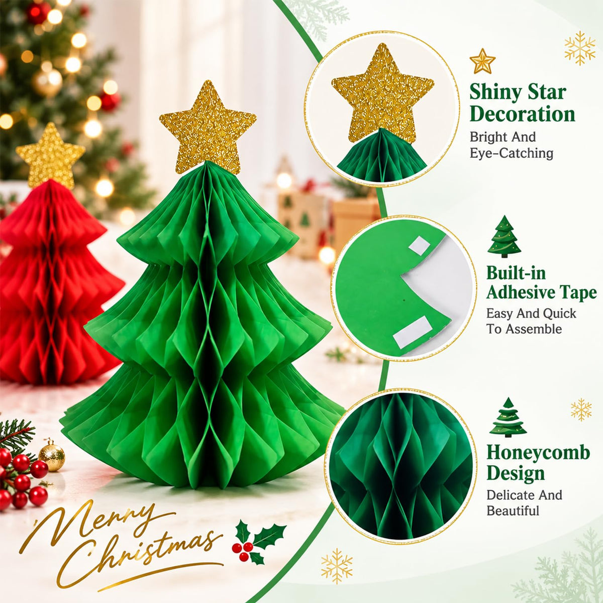 HASTHIP 6-Piece Paper Christmas Tree Decorations with Honeycomb Design, Gold Stars and Two Sizes
