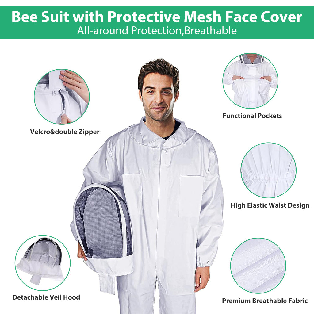 HASTHIP® Bee Suit with Protective Mesh Face Cover Hood Zip Up Long Sleeve Jumpsuit Breathable Outdoor Summer Bee Suit for 175-185cm Height Adult