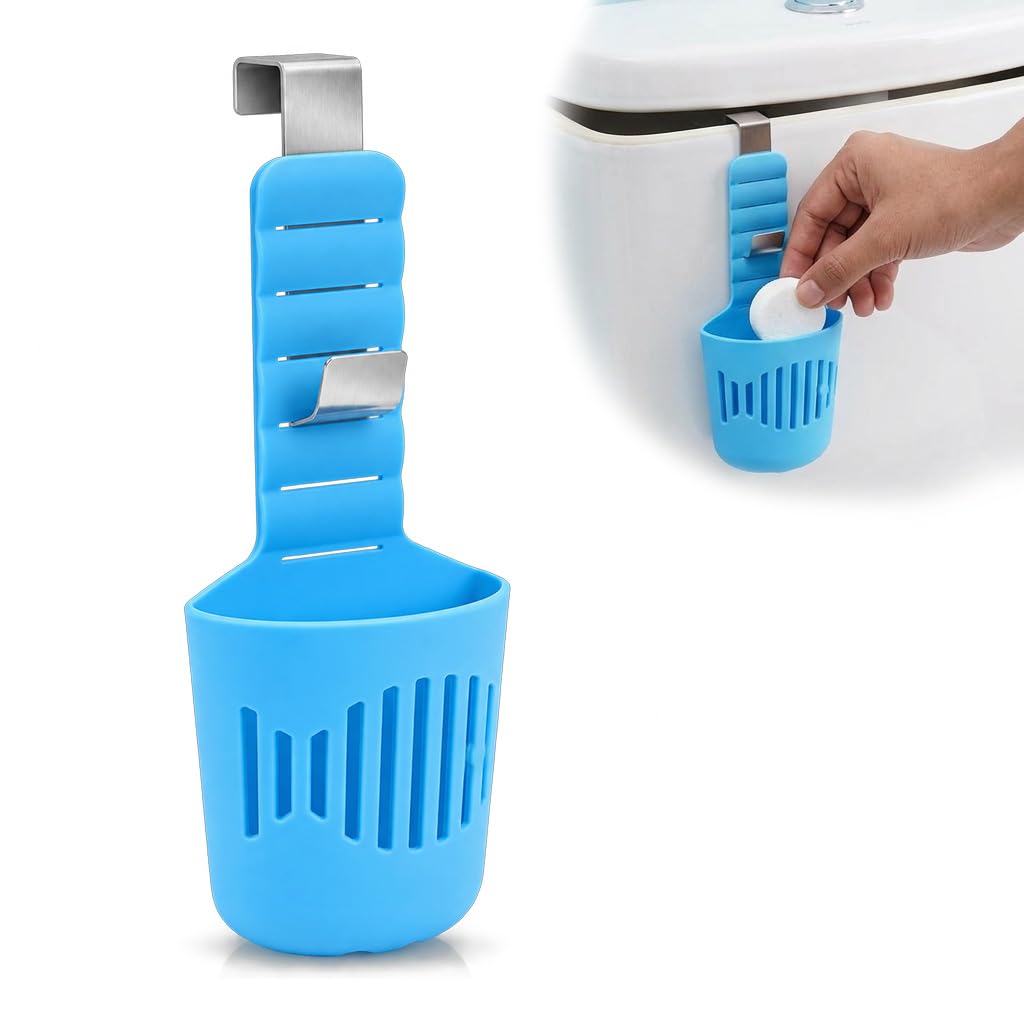 HASTHIP Adjustable Toilet Tank Tablet Holder with Silicone Basket and Rustproof Metal Hooks, Blue