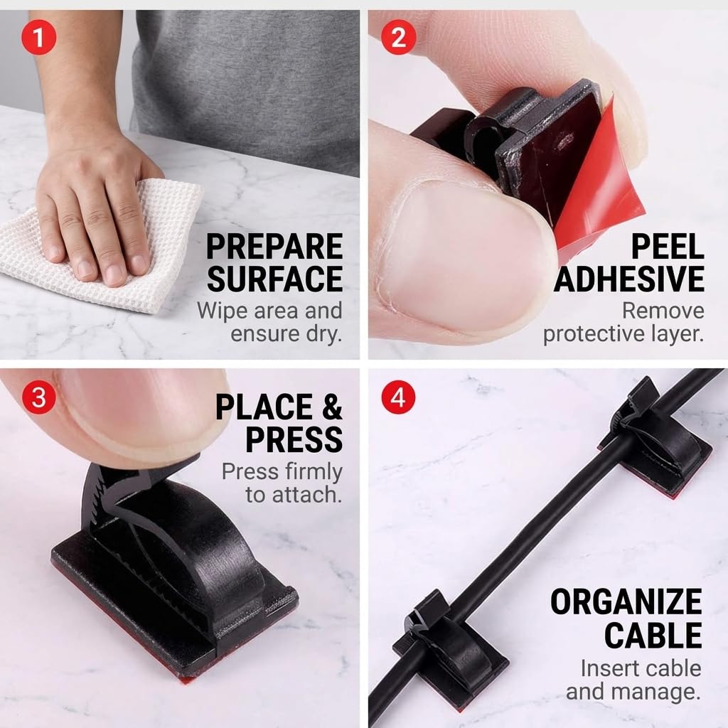 HASTHIP 100-Piece Self-Adhesive Cable Clips with Quick-Release Design, Low-Profile Black Plastic