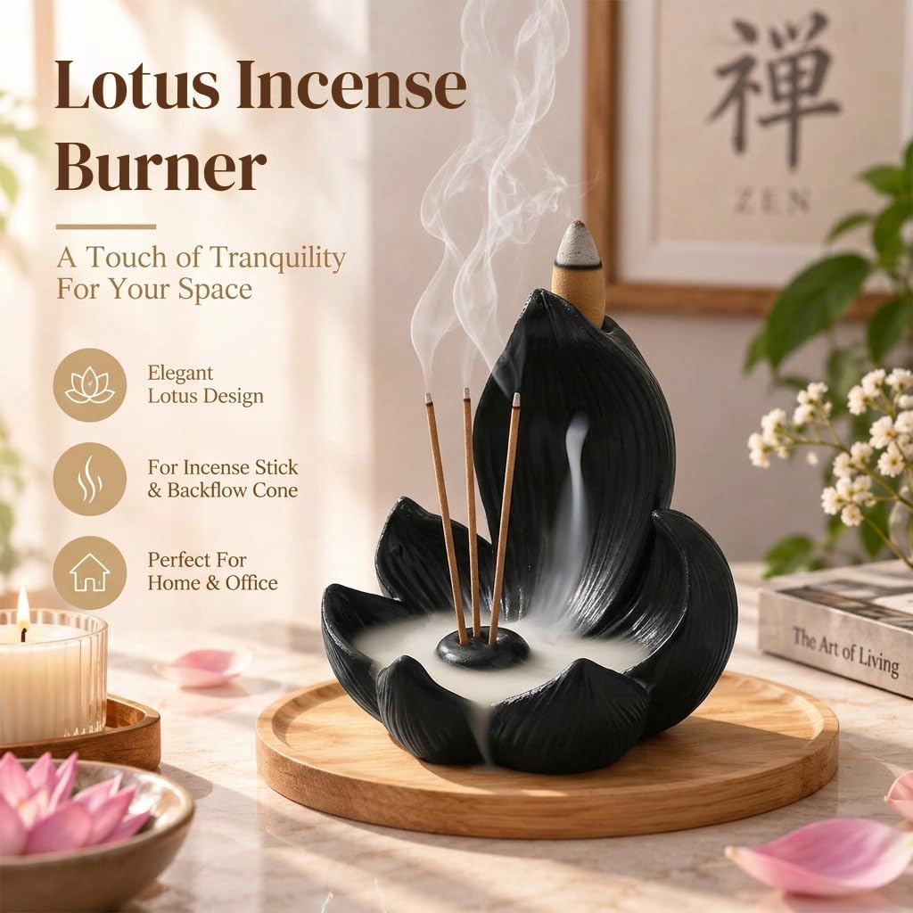 HASTHIP 10cm Lotus Incense Burner, Black Resin 4-Hole Stick Holder with Backflow Effect