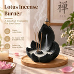 HASTHIP 10cm Lotus Incense Burner, Black Resin 4-Hole Stick Holder with Backflow Effect
