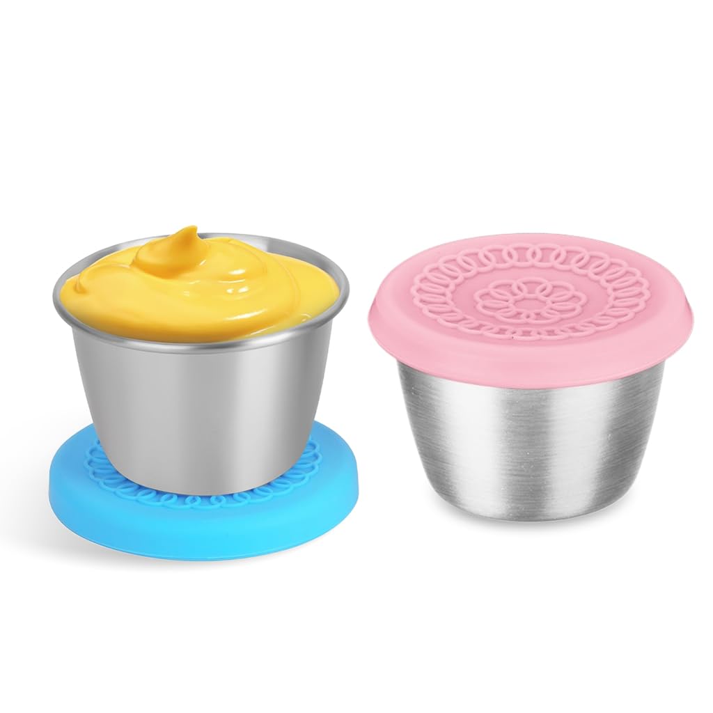 HASTHIP Salad Dressing Container for Lunch and Travel with Leakproof Silicone Lids | 2pcs 70ml Reusable Stainless Steel Cups Pink and Blue