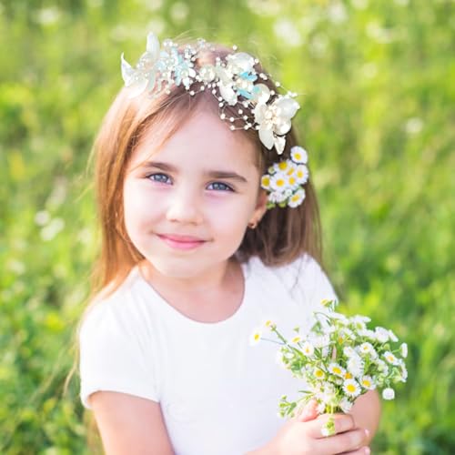 HASTHIP® Pearl Tiara for Girls Kids 2-5 Years Old, Flowers Crown for Girls, Ribbon Hairband Crowns for Girls, Princess Flower Tiara Wedding Hair Accessories for Girls Toddlers Birthday, Party